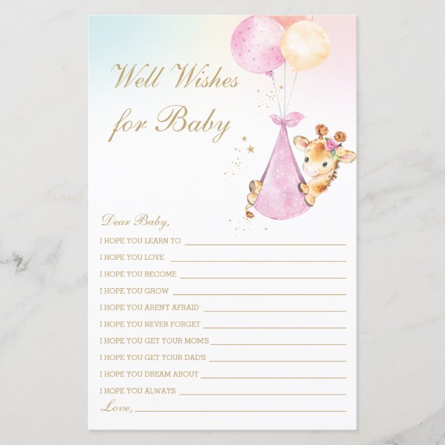 Girl Giraffe Well Wishes for Baby Shower Activity (Front)