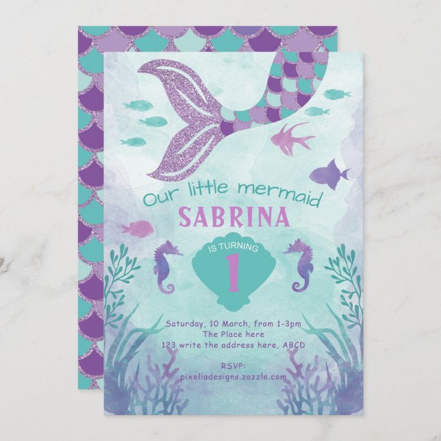 Girl, Glitter, Mermaid, Tail, Under the sea, Invitation (Front/Back)
