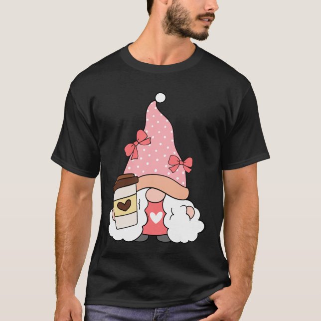 Girl Gnome Coffee Lover Wearing Pink Unisex T-Shirt (Front)