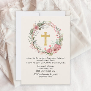 Girl Gold Cross Pink Floral Religious Baptism  Invitation