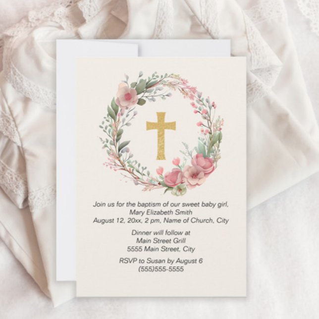 Girl Gold Cross Pink Floral Religious Baptism  Invitation (Creator Uploaded)