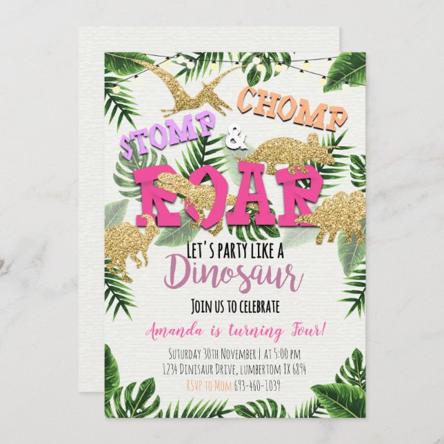 Girl Gold Dinosaur Tropical Birthday Invitation (Front/Back)