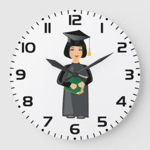 Girl Graduate in Black Cap and Gown Large Clock