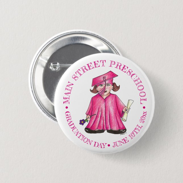 Girl Graduate Pink Gown Cap Preschool Graduation 6 Cm Round Badge (Front & Back)