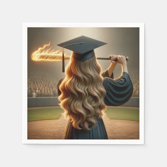 Girl Graduate Swinging a Flaming Baseball Bat Napkin (Front)