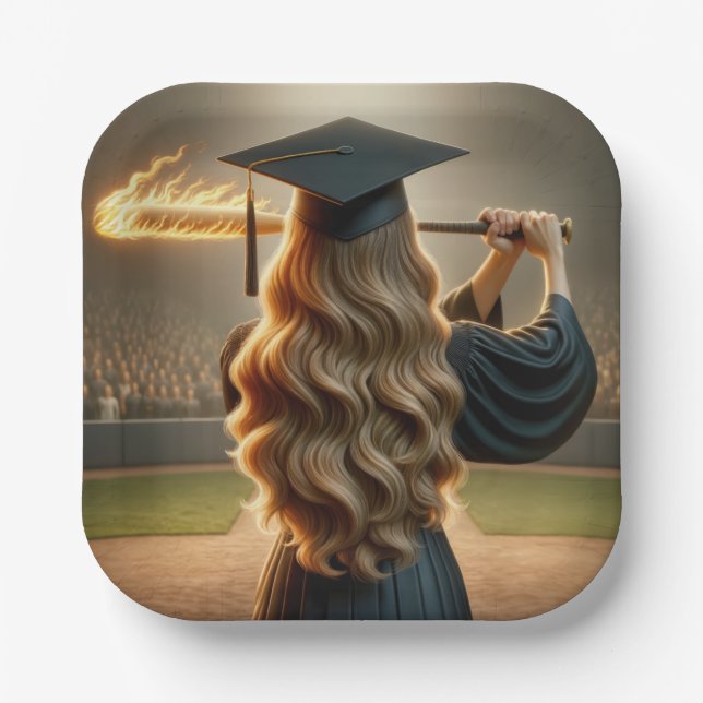 Girl Graduate Swinging a Flaming Baseball Bat Paper Plate (Front)