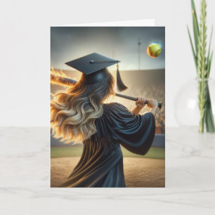 Girl Graduate Swinging a Flaming Bat Card