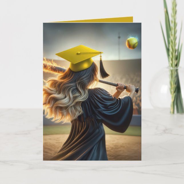 Girl Graduate Swinging a Flaming Bat Holiday Card (Front)