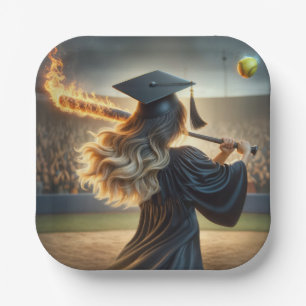 Girl Graduate Swinging a Flaming Bat Paper Plate