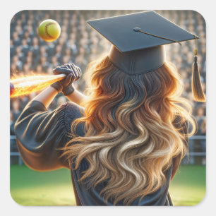 Girl Graduate With Flaming Bat and Softball Square Sticker