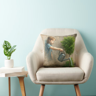 Girl Graffiti Watering a City Tree Cushion