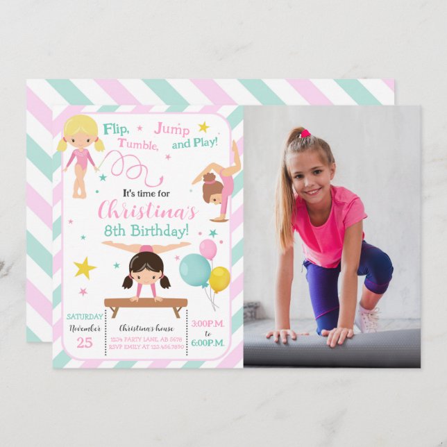 Girl Gymnastics Photo Invitation (Front/Back)