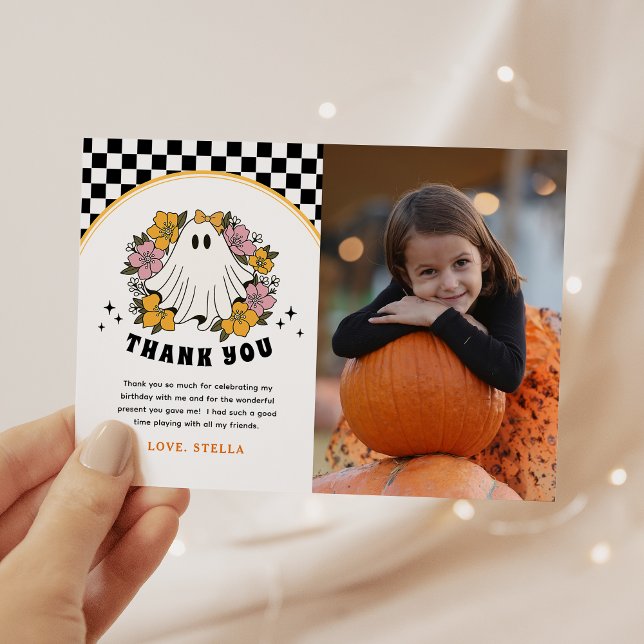 Girl Halloween Birthday Photo Thank you Card (Creator Uploaded)