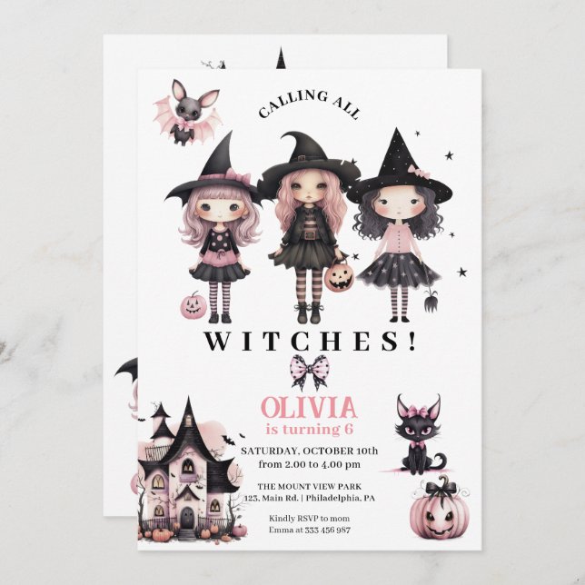 Girl Halloween Birthday witches any age Save The Date (Front/Back)