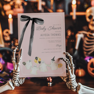 Girl Halloween Ghost and Black Bow Baby Shower Invitation