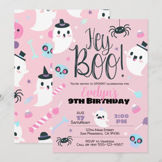 Girl Halloween Invitation for Birthday, Pastel (Front/Back)