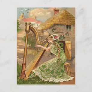 Girl Harp Rose Shamrock Erin Go Braugh Postcard
