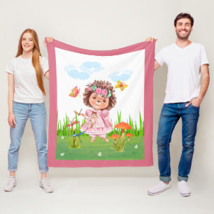 Girl Hedgehog In A Garden Fleece Blanket