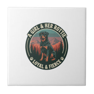 Girl Her Rottie Loyal Fierce Rottweiler Dog Mounta Ceramic Tile