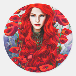 Girl Hiding In Poppy Flowers Field fantasy art Classic Round Sticker