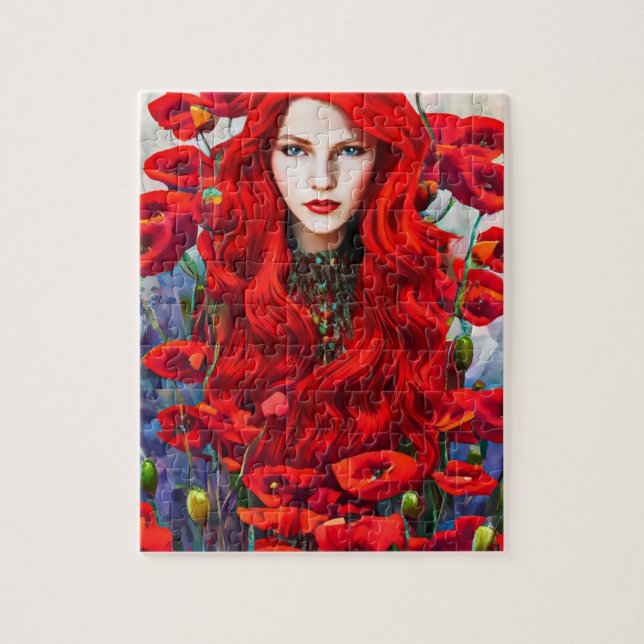 Girl Hiding In Poppy Flowers Field fantasy art Jigsaw Puzzle (Vertical)