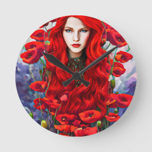 Girl Hiding In Poppy Flowers Field fantasy art Round Clock