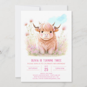 Girl Highland Cow Pampas Grass Birthday Invitation