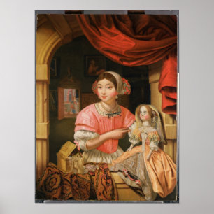 Girl holding a doll in an interior poster
