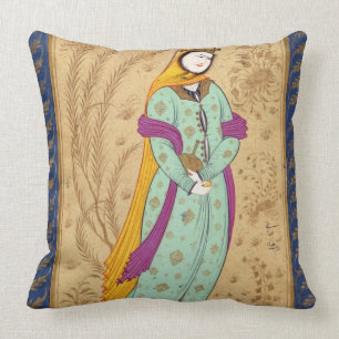 Girl holding a wine vessel and a pear, from the La Cushion