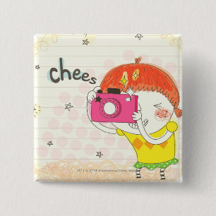 Girl holding camera, clicking 15 cm square badge