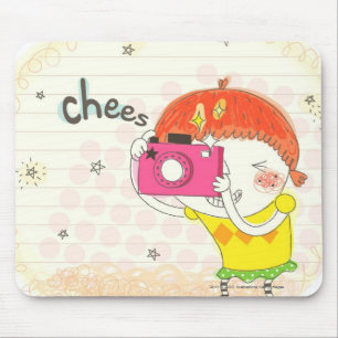 Girl holding camera, clicking mouse pad