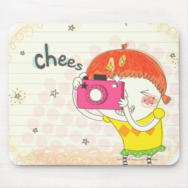 Girl holding camera, clicking mouse pad (Front)