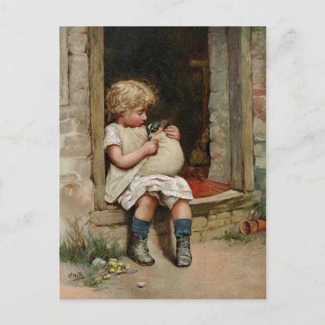 Girl Holding Cute Puppy Vintage Postcard (Front)