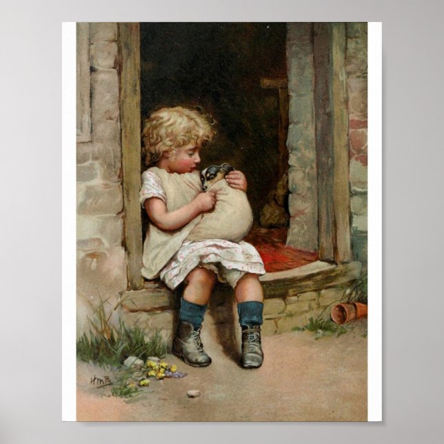 Girl Holding Cute Puppy Vintage Poster (Front)