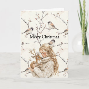 Girl Holding Deer Birds Tree Cream Christmas  Card