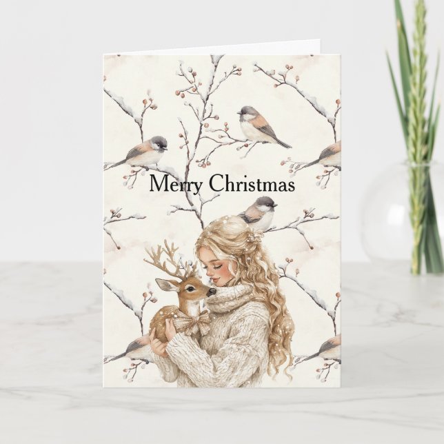 Girl Holding Deer Birds Tree Cream Christmas  Card (Front)