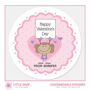 Girl Holding Sign Happy Valentine’s Day Classic Round Sticker