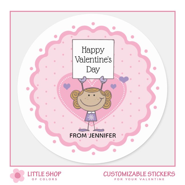 Girl Holding Sign Happy Valentine’s Day Classic Round Sticker (Creator Uploaded)