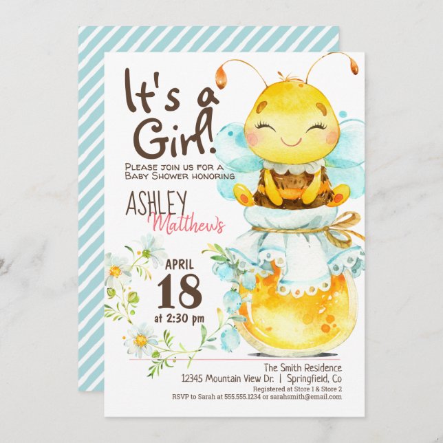 Girl Honey Bee Baby Shower Invitation (Front/Back)