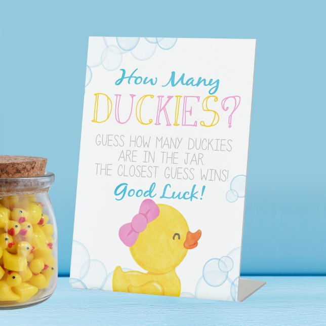 Girl How Many Duckies Birthday or Baby Shower Game Pedestal Sign (Girl Watercolor Rubber Duck How Many Duckies Game Party Sign for Baby Shower or Birthday Party)