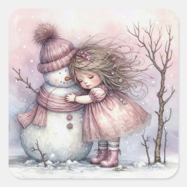 Girl Hugging a Snowman Square Sticker (Front)