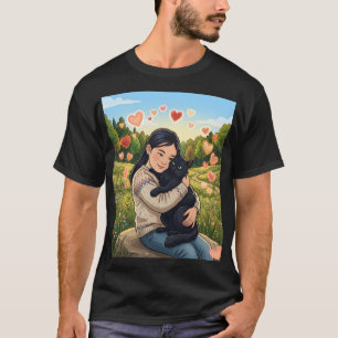 Girl Hugging Black Cat Wildflower Field Illustra T-Shirt