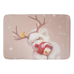 Girl Hugging Dog in Reindeer Antlers Bath Mat