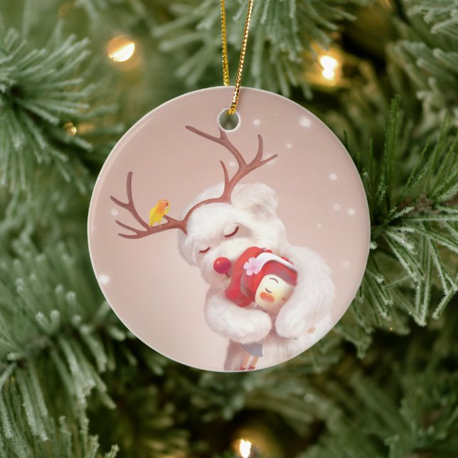 Girl Hugging Dog in Reindeer Antlers Ceramic Ornament (Tree)