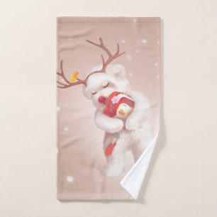 Girl Hugging Dog in Reindeer Antlers Hand Towel