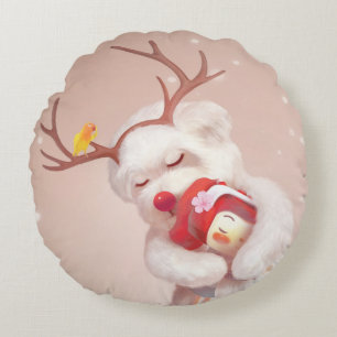 Girl Hugging Dog in Reindeer Antlers Round Cushion