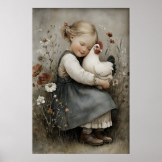 Girl Hugs Chicken Printable, Rooster Rustic Poster