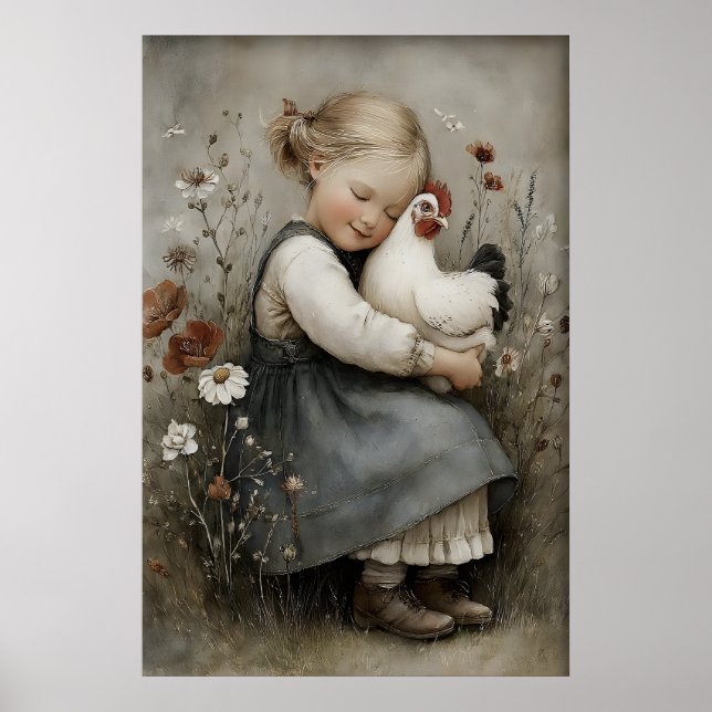 Girl Hugs Chicken Printable, Rooster Rustic Poster (Front)