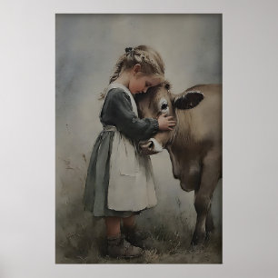 Girl Hugs Cow Antique Print, Vintage Farmhouse Poster