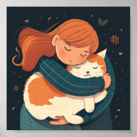 Girl hugs cute cat cartoon. Kid and funny animal